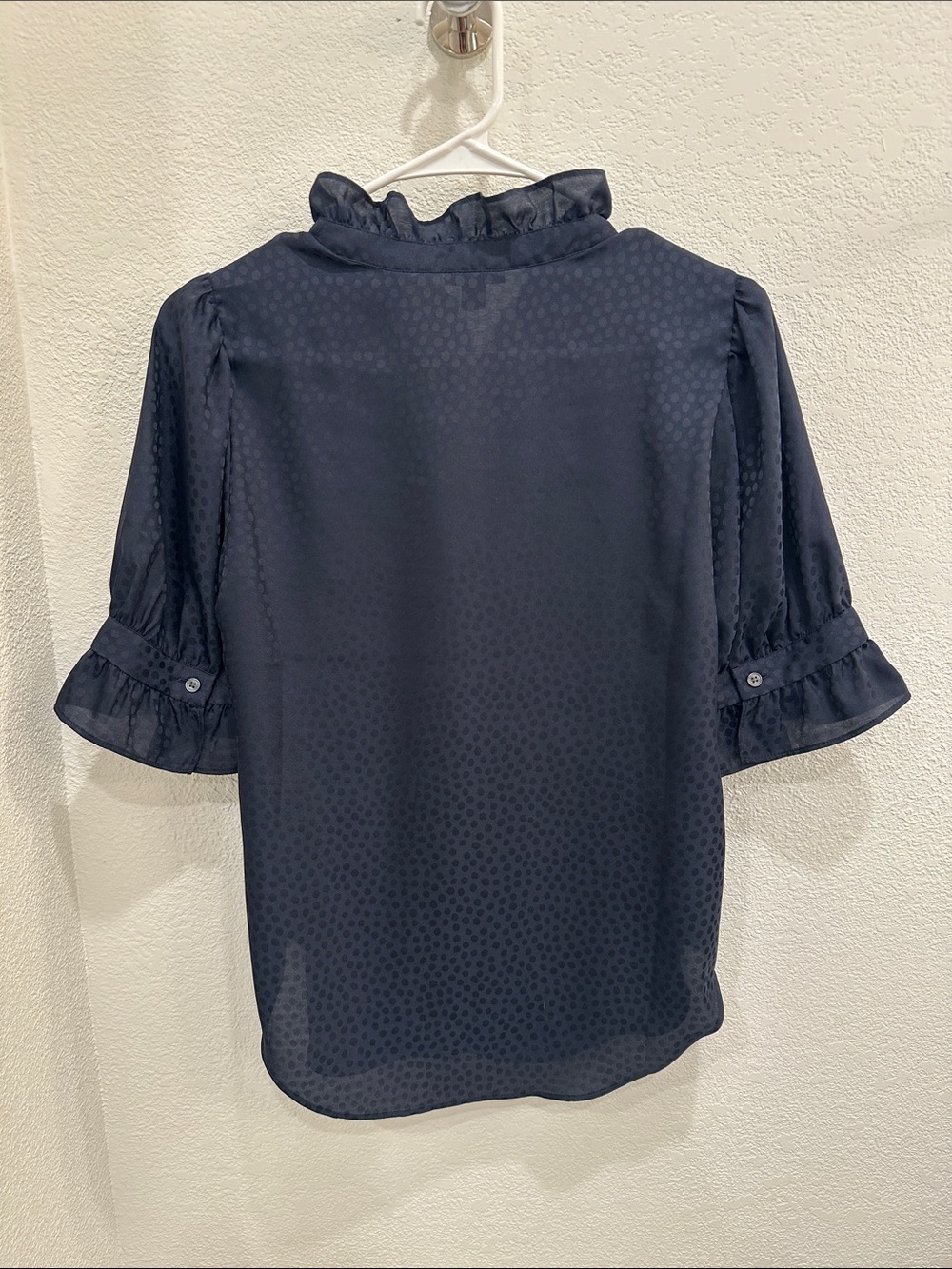 Ann Taylor Navy Dot-Jacquard Ruffle Collar Button-Down Blouse - Picture 2 of 3